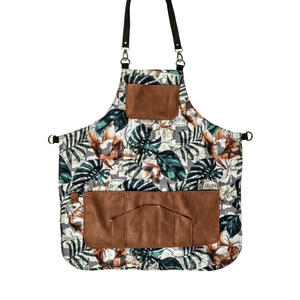 Cape de coiffure à imprimé tropical avec poches en cuir marron, tablier textile résistant à l'eau - Product Image 1