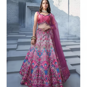 Lehenga Choli de seda con estampado rosa y azul con piedras Siroski pegadas a mano, Ropa Étnica india para mujer - Product Image 1