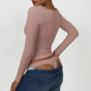 Haut de yoga à manches longues très élastique style LL, couleur unie, sportif et sexy, réversible et respirant, grande taille pour la saison d'automne - Product Image 4
