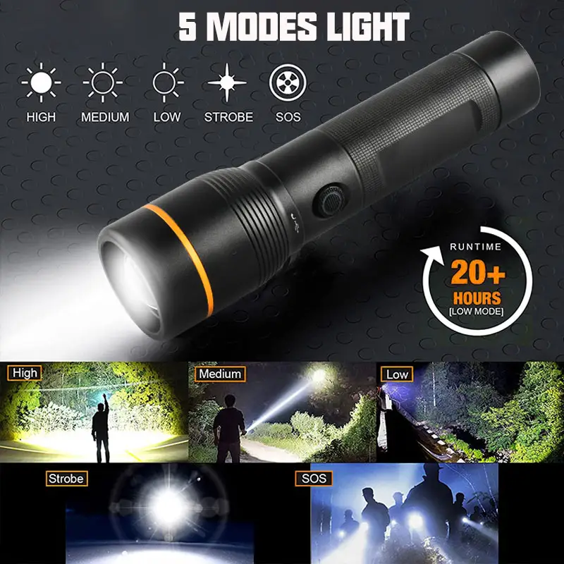 Lampe torche personnalisée longue distance zoom haute puissance USB lampe de poche étanche super lumineuse XHP50 puissante LED rechargeable