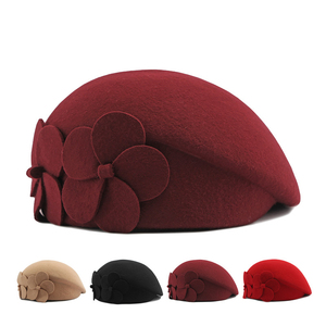 Béret en <span class=keywords><strong>laine</strong></span> pour femmes, dames, double décoration florale, style vintage français britannique, élégant, chaud pour l'hiver, chapeau de marche, chapeau de peintre - Product Image 1