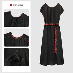 Verano de las mujeres Eco-Friendly Floral Impresión digital Seda Hasta la rodilla Vestido con cinturón Retro Manga corta - Product Image 3