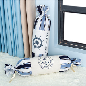 Cojín Decorativo Cilíndrico de Algodón y Lino a Rayas con Bordado de Ancla para Hogar u Oficina, con Relleno - Product Image 1