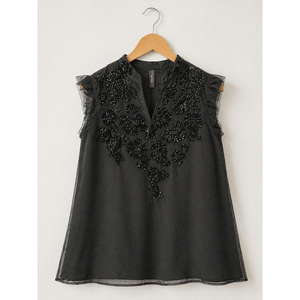 Women <b>Beaded</b> Organza <b>Top</b> Elegant Sleeveless Embroidered Blouse Fashion Party Wear Mesh Tunic <b>Top</b> for Ladies Boutique Collection - Product Image 1