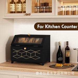 Wooden Bread Box Large Size <b>Kitchen</b> Countertop <b>Storage</b> With Gold Trim <b>Cabinet</b> <b>Corner</b> Organizer - Product Image 3
