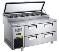NE-1154 Comptoir de préparation de pizzas avec refroidissement par air, table de préparation de salades commerciale avec 1 porte et 4 tiroirs, protection en verre partiel, avec bacs à aliments