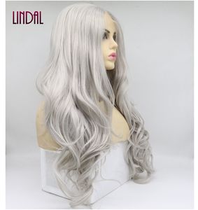 Línea de cabello prearrancada con ondas Boby de Color plateado con cabello de bebé, pelucas onduladas delanteras de encaje gris sintético respetuosas con el calor de encaje transparente - Product Image 4
