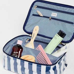 Women's Navy Blue Striped Cotton Canvas Reusable Eco-Friendly Zip Portable Travel Storage <b>Organizer</b> <b>Cosmetic</b> Bag Practical - Product Image 5