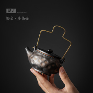 Petite théière en céramique rétro, poignée martelée dorée, résistante à la chaleur, avec couvercle, pour usage domestique - Product Image 4