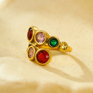 Anillos Abiertos de Circonita Redonda Colorida con Personalidad, Anillo de Compromiso y <span class=keywords><strong>Boda</strong></span> de Acero Inoxidable Chapado en Oro para Mujer - Product Image 3