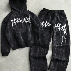 Conjunto de Sudadera con Capucha y Pantalones Deportivos Estilo Vintage Streetwear, Lavado Ácido, Efecto Desgastado por el Sol, Estampado Gótico Personalizado, Sudadera Oversize - Product Image 3