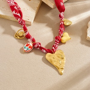 Fashion Bohemian Fabric Scarf Heart Pendant Jewelry <b>Set</b> Women's Zinc Alloy Red Patterned Necklace <b>Bracelet</b> <b>Set</b> - Product Image 2