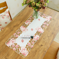 Ensemble chemin de table et housses de coussin en jacquard brodé floral tulipe, rose printanier et or, avec motif découpé