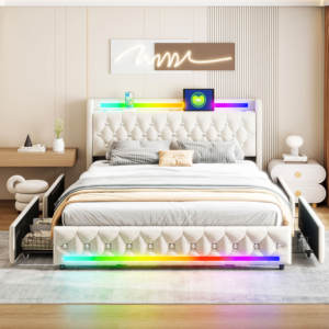 Gestoffeerd <span class=keywords><strong>Bed</strong></span> <span class=keywords><strong>160X200Cm</strong></span> Met Bluetooth Speakers, Meerkleurige Led-Lamp, Usb & Type-C Laadstation, Opbergruimte Met 4 Laden - Product Image 2