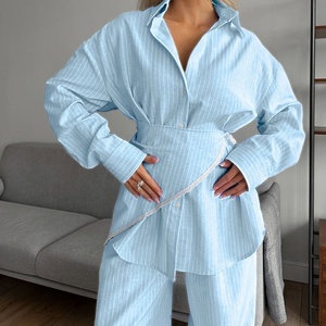 OOTD OEM Ladies' New Trendy Casual Custom Striped Cotton-<b>Linen</b> Lace <b>Set</b> Long Sleeved Long Pants - Product Image 2