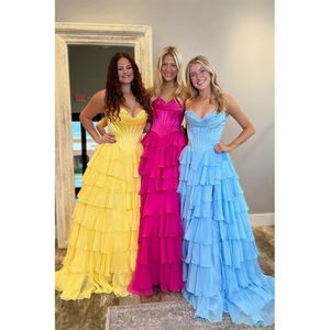 Abito da sera <span class=keywords><strong>lungo</strong></span> in chiffon con volant a strati e <span class=keywords><strong>spacco</strong></span>, corpetto senza spalline, per matrimoni e balli di fine anno - Product Image 2