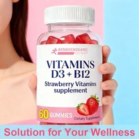Gummies de Vitamine D3 avec Vitamines B12 pour la Santé Cardiaque et l'Énergie, Soutien Immunitaire, Gummies Véganes, Supplément de Vitamines à la Fraise