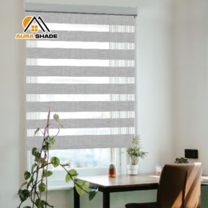 Cơ giới tắm Vanity Zebra rèm ngang cửa sổ đường sắt hàng đầu với vải đồng bằng kỹ thuật được xây dựng trong cài đặt - Product Image 3