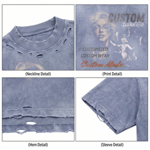 Camiseta Oversize de Gran Gramaje para Hombre, 300 g/m², Azul con Lavado Ácido, Estampado Gráfico Desgastado con Efecto de Gusano, Corte Holgado, Estilo Urbano - Product Image 4