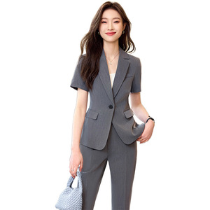 Women's Summer Suit Set Short Sleeve Gray Office Lady Professional Formal Work Uniform Anti-Wrinkle Polyester Fabric - Product Image 5