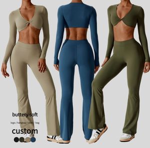 2023 autunno New Sports <span class=keywords><strong>2</strong></span> pezzi Set camicia a maniche lunghe <span class=keywords><strong>sport</strong></span> pantaloni a gamba larga tuta da Yoga maglietta personalizzata da donna Leggings da palestra Set attivo - Product Image 1