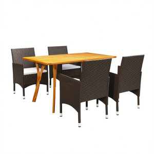 Ensemble de salle à manger de jardin en rotin brun avec table en teck 4 places, mobilier d'extérieur au design contemporain, résistant aux intempéries - Product Image 1