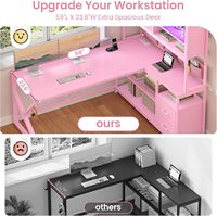 Étagères de rangement, bureau d'ordinateur d'angle réversible, bibliothèque de bureau, armoire en verre, bureau de jeu rose en forme de L