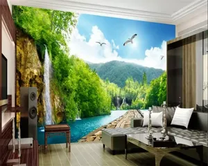 Papel de parede 3D para TV Cascata paisagem ponte de madeira mural de parede 3D sala de estar quarto