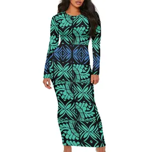 Nieuwste Groene Bloemen Hawaiiaans Polynesisch Custom Herfst Dames Truien Bodycon Trui Jurk 2024 Lange Mouw Lange Midi Jurken