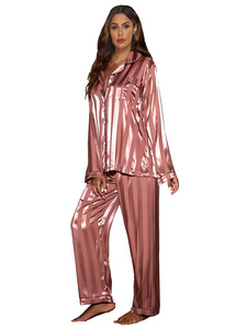 Vendita calda pigiami lunghi autunnali con risvolto da donna in raso Jacquard due pezzi - Product Image 2