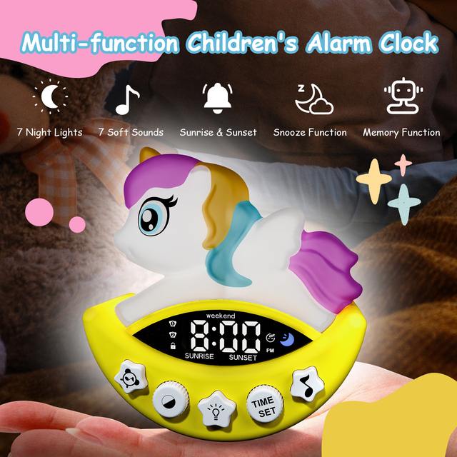 Kids Digital Alarm Clock Intelligent Unicorn Wake Clock Night Light Sleep Training Machine Tabletop Snooze Function USB Powered