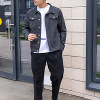 Veste en jean vintage noire pour homme, style motard, streetwear, hip-hop, coupe slim, décontractée, manteau en jean, vêtement d'extérieur