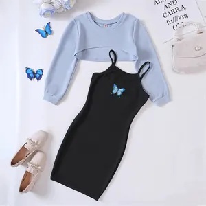 Ms-243 Teen Girls Clothing 13 -14 Yes Cropped Top + Cami Dress Butterfly Graphic Summer 2 Piece Girls Sets Clothing Boutique