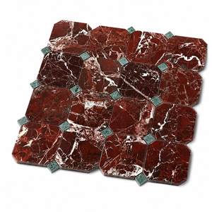 Carreaux octogonaux en marbre rouge avec accents de diamants verts, mosaïque en pierre polie pour mur intérieur, design classique - Product Image 3
