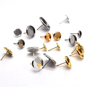 Stainless Steel Stud Anting-Anting Cabochon Pengaturan Datar Round Bezel Telinga Kiriman Kosong Tray Dasar untuk DIY Anting-Anting Membuat