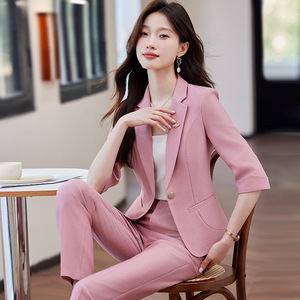 Women's 3/4 Sleeve Blazer Suit Set Spring Casual Professional Work Clothes Breathable Polyester Fabric - Product Image 1