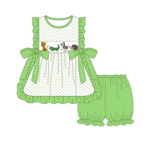 Primavera nuovo design per bambine con ricamo di animali 2 pz set di vestiti a pois verdi e pantaloncini verdi