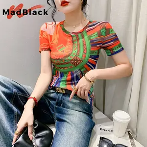 MadBlack kaus kerah O musim panas atasan jala ramping motif posisi tropis seksi Wanita kaus Chic lengan pendek 2023 baru T35455C