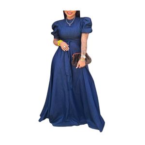 Vestido Maxi Casual de Lino y Mezclilla con Cuello Redondo y Manga Abullonada de Color Liso para Mujer - Novedad al por Mayor - Product Image 1