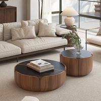 Ensemble de table basse de salon d'hôtel moderne avec rangement, base en bois et marbre noir, table basse ronde