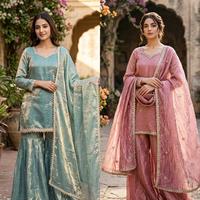 Ensemble prêt-à-porter Fendy Sharara Palazzo Top Dupatta entièrement brodé, séchage rapide, toutes saisons, élégant, ethnique indien, pour mariage