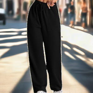 Pantalon en molleton de coton noir pour femme, coupe ample à jambe large, taille mi-haute avec cordon de serrage, décontracté, longueur intégrale, couleur unie, style automne - Product Image 2