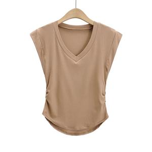 Camiseta de manga mariposa con volantes laterales y cuello en V para mujer, Top elástico de Color sólido, 2022 - Product Image 3