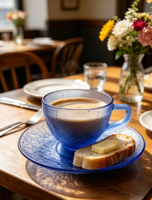 Bol et assiette en verre soufflé artisanal, bleu givré, art populaire fait main