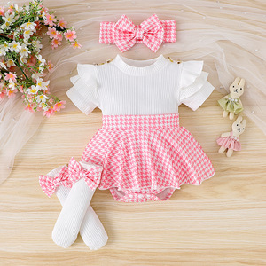 <span class=keywords><strong>Ensemble</strong></span> robe et barboteuse en coton côtelé de <span class=keywords><strong>luxe</strong></span> Guai pour bébé fille avec bandeau à nœud pied-de-poule pour tous les jours - Product Image 2