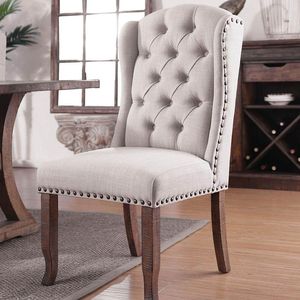 DB Contemporary Ivory Fabric Wingback Design 2pcs Chaises de salle à manger Chaises d'appoint tuftées avec meubles à dossier en bois massif de chêne rustique - Product Image 3