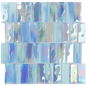 Bathroom Kitchen backsplash Iridescent Glossy Long Strip Bricks Crystal Glass Mosaic Tile