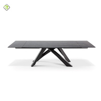 Table à manger rectangulaire extensible moderne en pierre frittée avec base en bois et pieds en métal pour la maison, l'hôtel, l'appartement