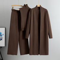Conjunto de 3 Piezas de Punto para Mujer, Cárdigan Largo, Top Acordonado con Cuello Alto, Chaleco Sin Mangas, Pantalones Largos de Cintura Alta y Pierna Ancha, Atuendo Informal