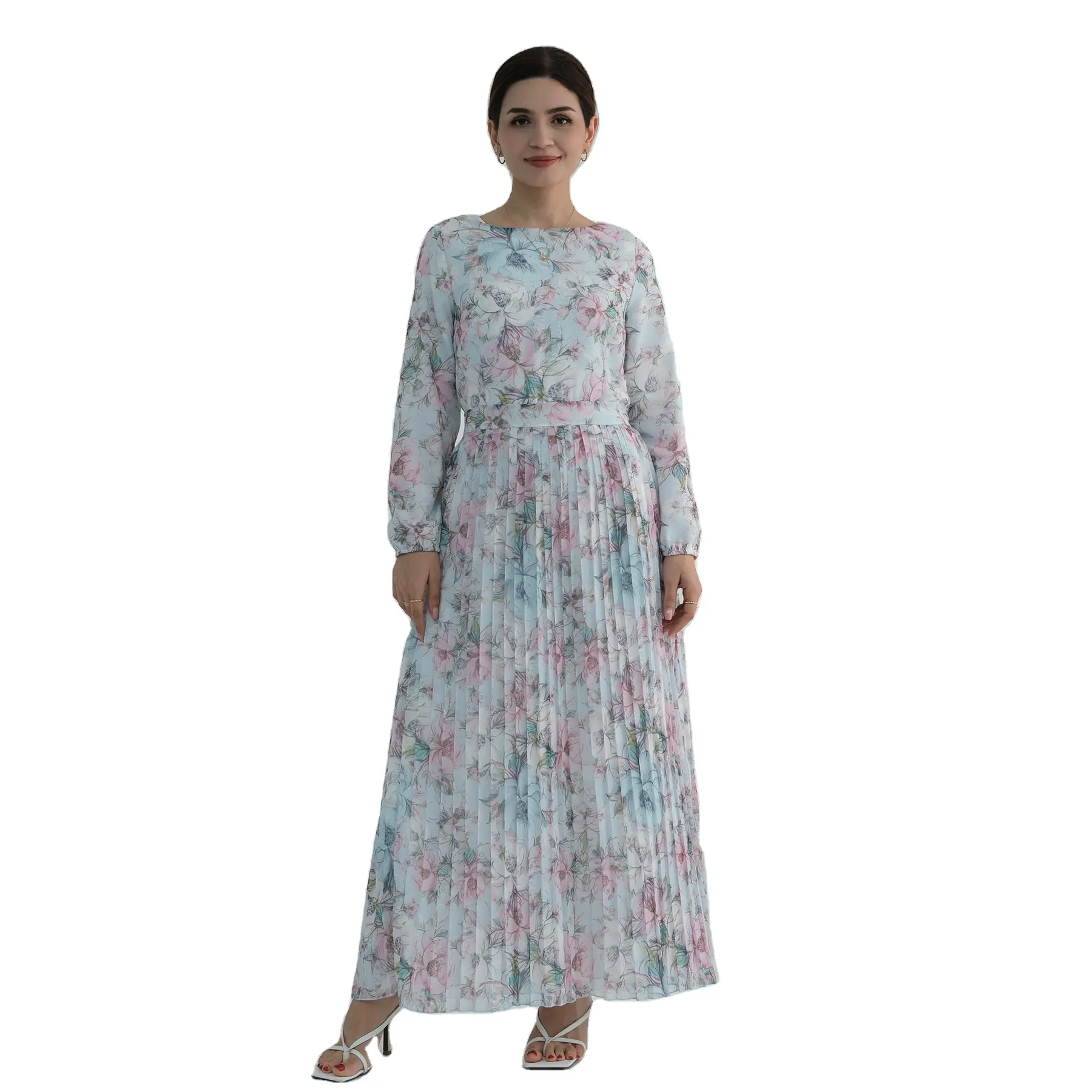 Дубаи, ОАЭ, американская модная одежда, цифровое плиссированное платье с цветочным принтом, скромное мусульманское шифоновое длинное платье